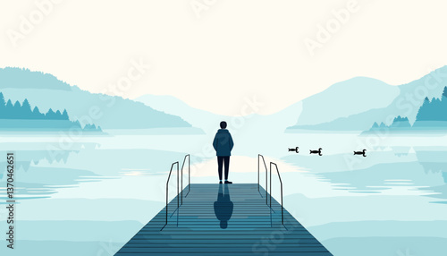 Contemplative figure gazing at serene lake on wooden pier, tranquility