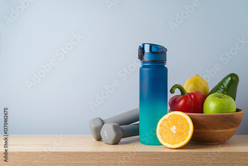 Fitness background with bottle of water, dumbbells and healthy food  on wooden table