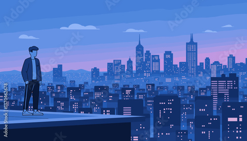 Confident person standing on city rooftop at twilight, urban solitude