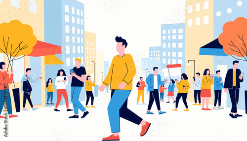 Person walking casually through busy urban street, vibrant city life