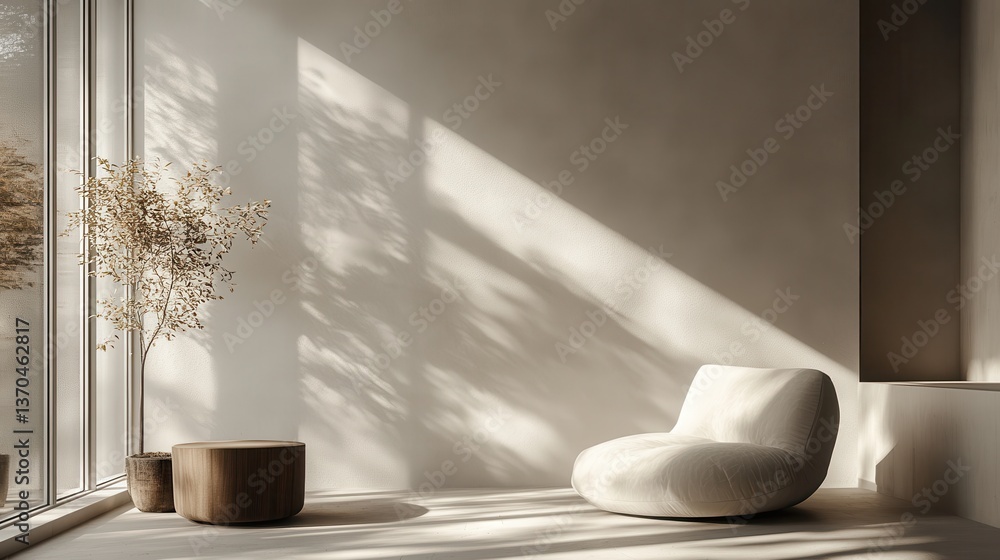 Fototapeta premium Minimal modern interior with gentle window light casting shadows, soft textures, peaceful and aesthetic shot