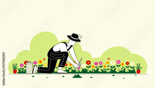 Dedicated gardener planting flowers in lush garden, nurturing nature