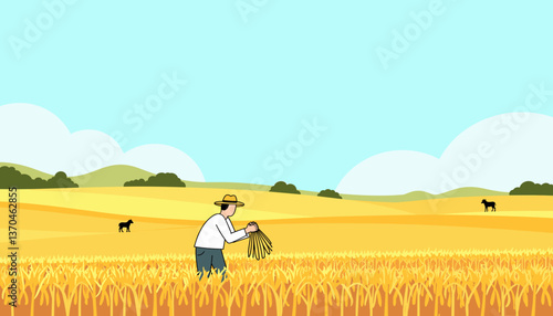 Diligent farmer harvesting crops in vast farmland, productivity and growth