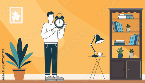 Focused man holding an antique clock in cozy vintage room, nostalgia