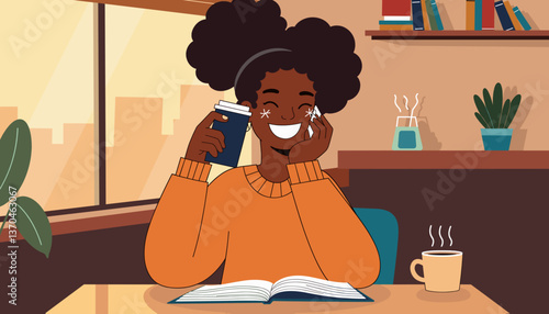 Cheerful young woman enjoying coffee while reading in cozy café, comfort