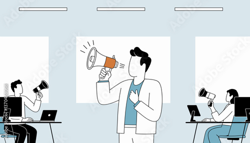 Individual asserting authority with megaphone in office setting, communication