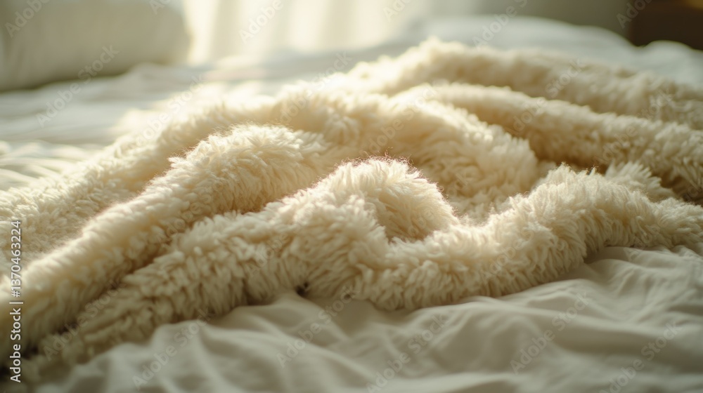 A cozy warm fluffy blanket resting on a white bedspread A cozy warm fluffy blanket resting on a white bedspread