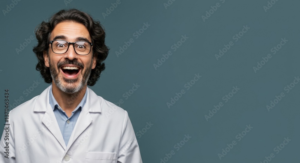 Fototapeta premium Excited Scientist in White Lab Coat Expressing Joy and Enthusiasm in a Studio Portrait, Ideal for Science Blogs and Educational Materials
