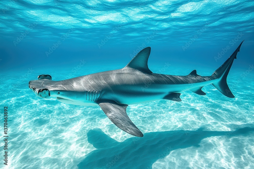 Fototapeta premium Hammerhead shark swims gracefully in crystal-clear ocean waters near coral reefs during a sunny day