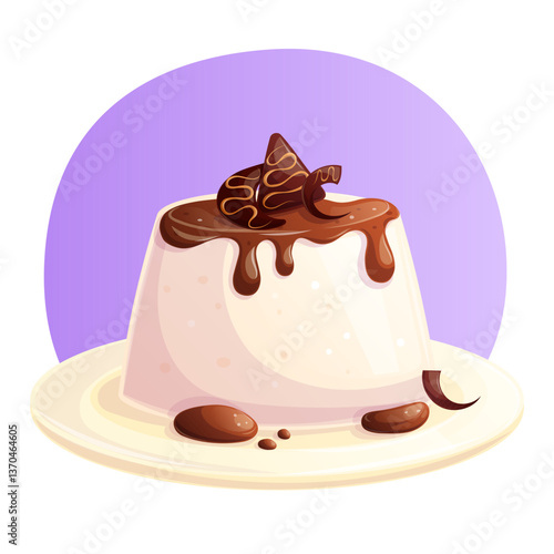 Panna cotta with chocolate on a plate. The concept of a pastry shop, cakes and a traditional Italian dessert. Isolated vector illustration for the design of postcards and posters.