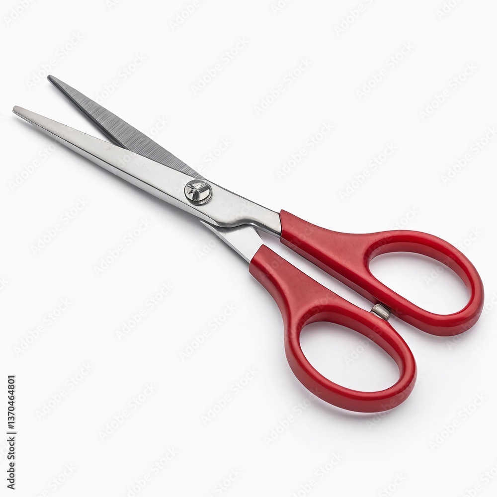A modern pair of scissors with sleek silver blades and red rubber-coated handles, isolated on a white background A modern pair of scissors with sleek silver blades and red rubber-coated handles, isolated on a white background