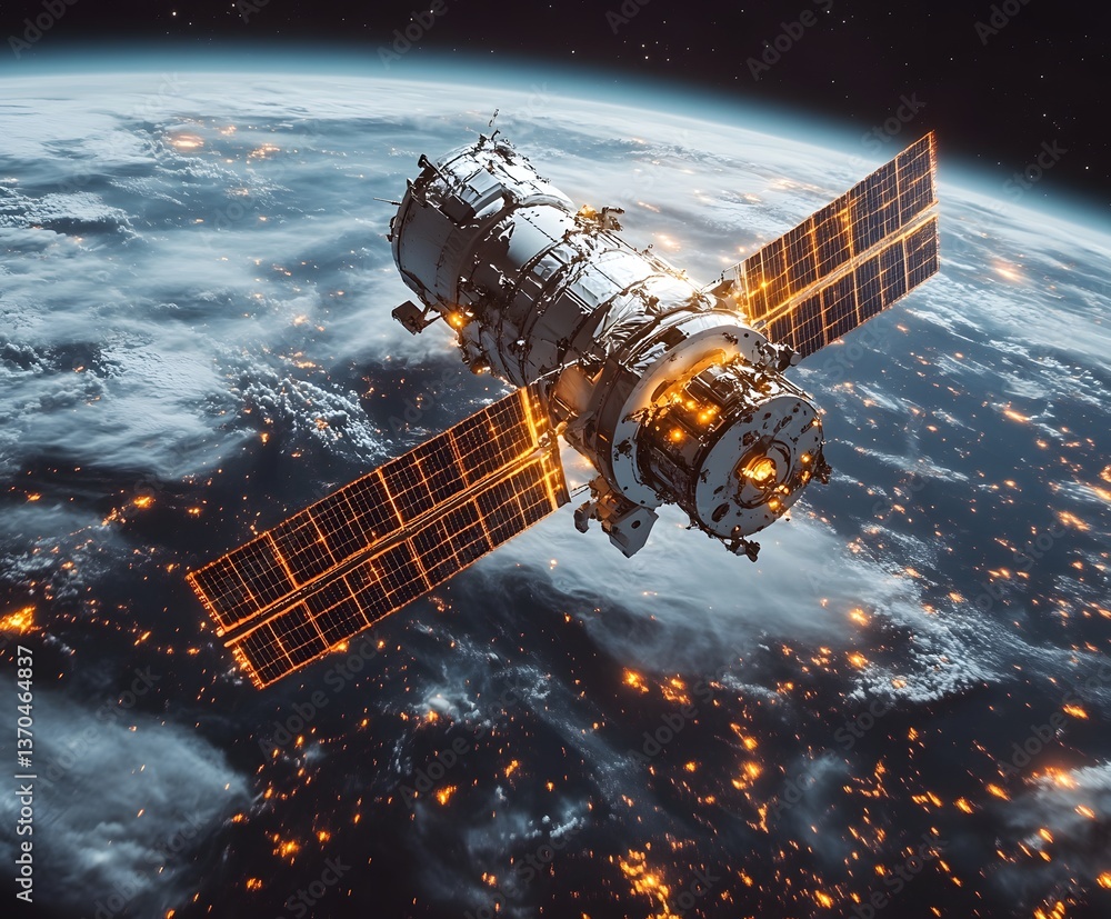 Cosmic Sentinel: A sleek satellite orbits the Earth, bathed in the soft glow of the sun, monitoring our planet from above. Cosmic Sentinel: A sleek satellite orbits the Earth, bathed in the soft glow of the sun, monitoring our planet from above.