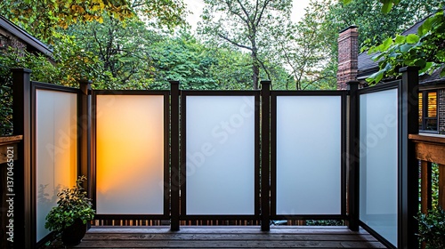 Modern privacy panels on a deck overlooking a lush backyard