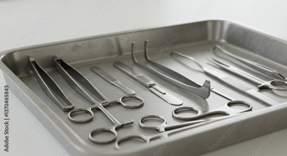 Sterile surgical tools elegantly arranged on a stainless steel tray ready for operation Sterile surgical tools elegantly arranged on a stainless steel tray ready for operation