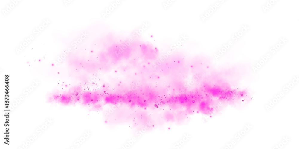 Obraz premium Magic pink smoke with glitter and small particles of twinkling stars. Fog with luminous particles. Pink vapor with stardust. Morning fog over land or water surface, magic haze. Fog or smoke. PNG.