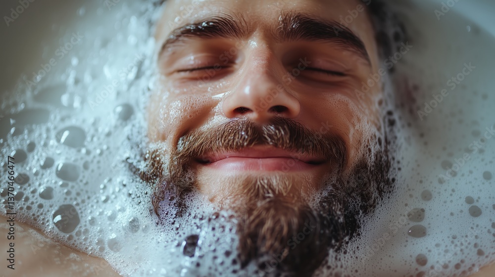Fototapeta premium Closeup of a cheerful, bearded face peeking through foam, embracing a soothing wellness routine.