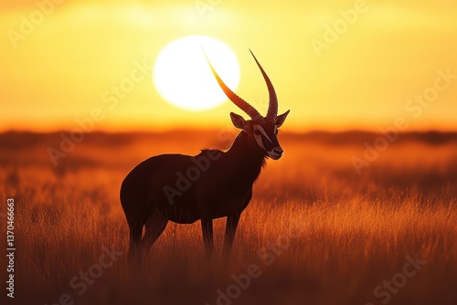 Obraz na płótnie Beautiful golden sunset highlights a lone antelope standing in a field of tall grasses during dusk in the savanna w salonie