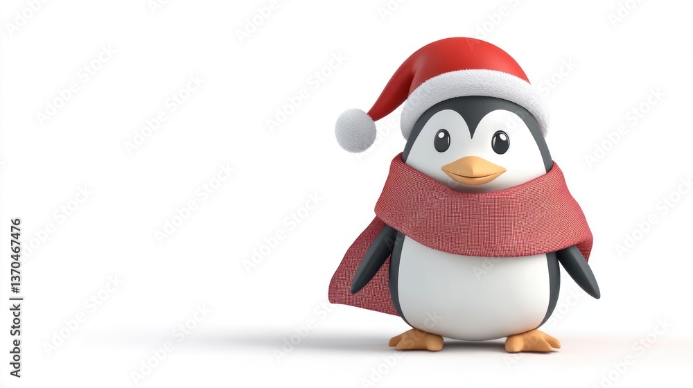 Fototapeta premium 3D Cartoon Penguin with Shawl and Santa Hat