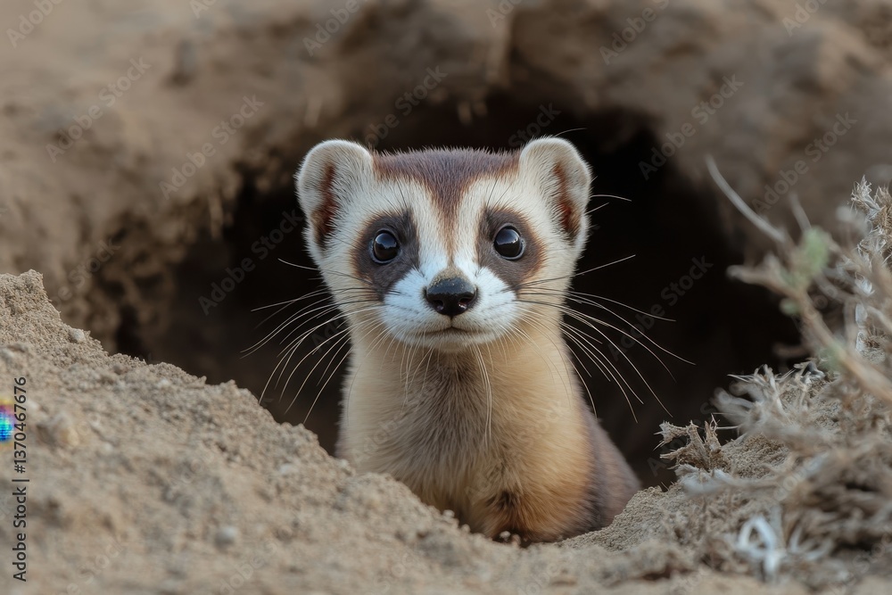 Fototapeta premium Curious small mammal emerges from burrow in natural habitat during daylight