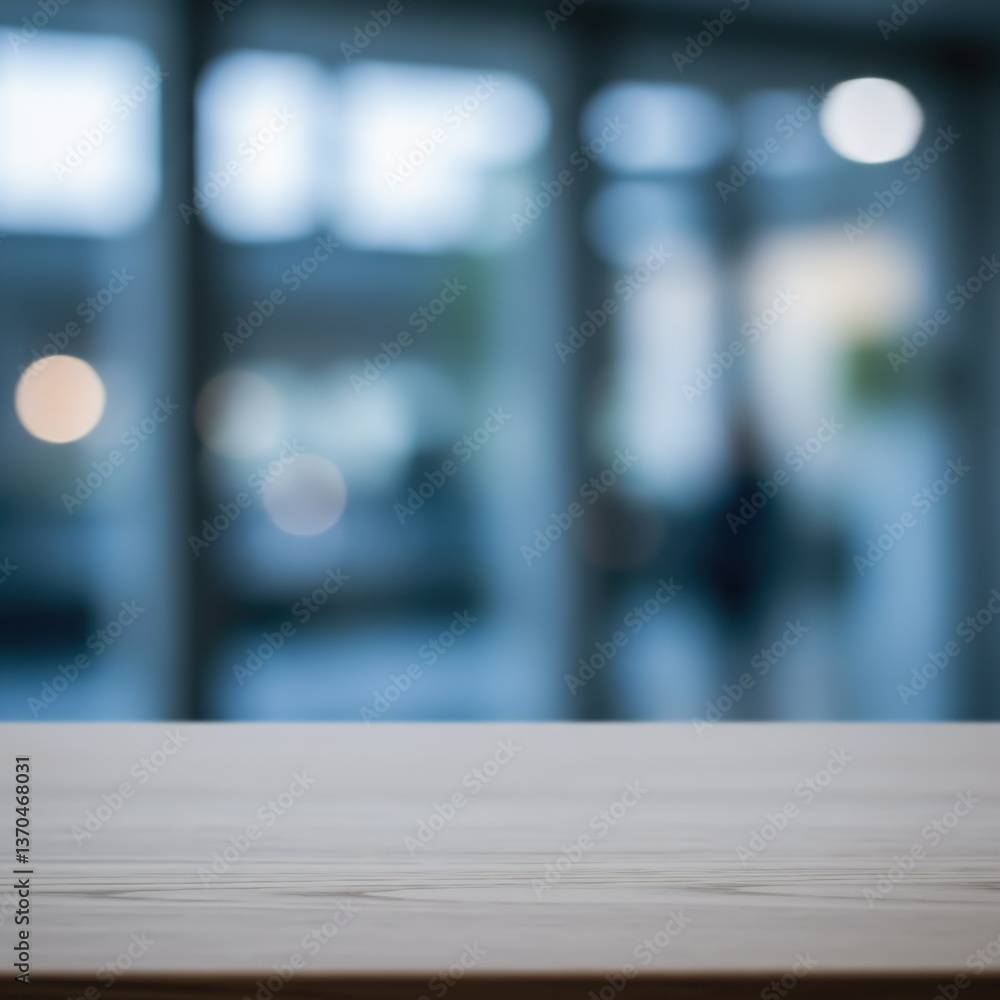 Obraz premium Modern Office Background Blur with Wooden Table for Product Display, Perfect for Business Presentations