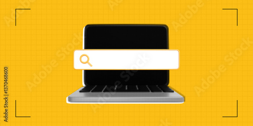 Trendy Halftone Collage Computer monitor screen with search bar.  Online hiring job. Seo management. Internet search engine. Dotted pop art style. Contemporary vector illustration art