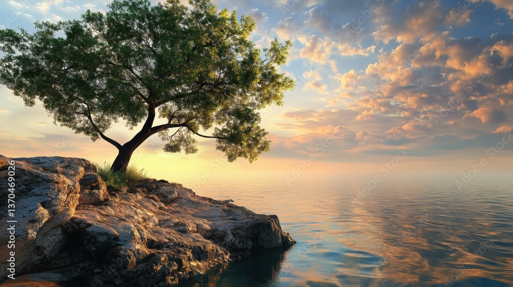 Obraz premium A lone tree clings to a rocky ledge beside calm waters, the sky above glowing in soft shades of blue and orange.