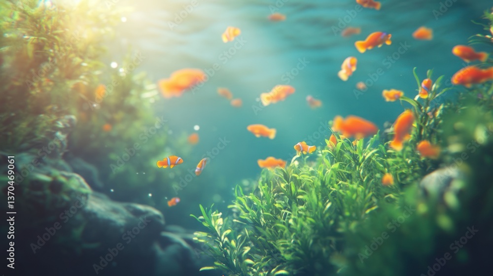 Fototapeta premium Underwater view of fish swimming among plants and algae in a sunny aquarium.