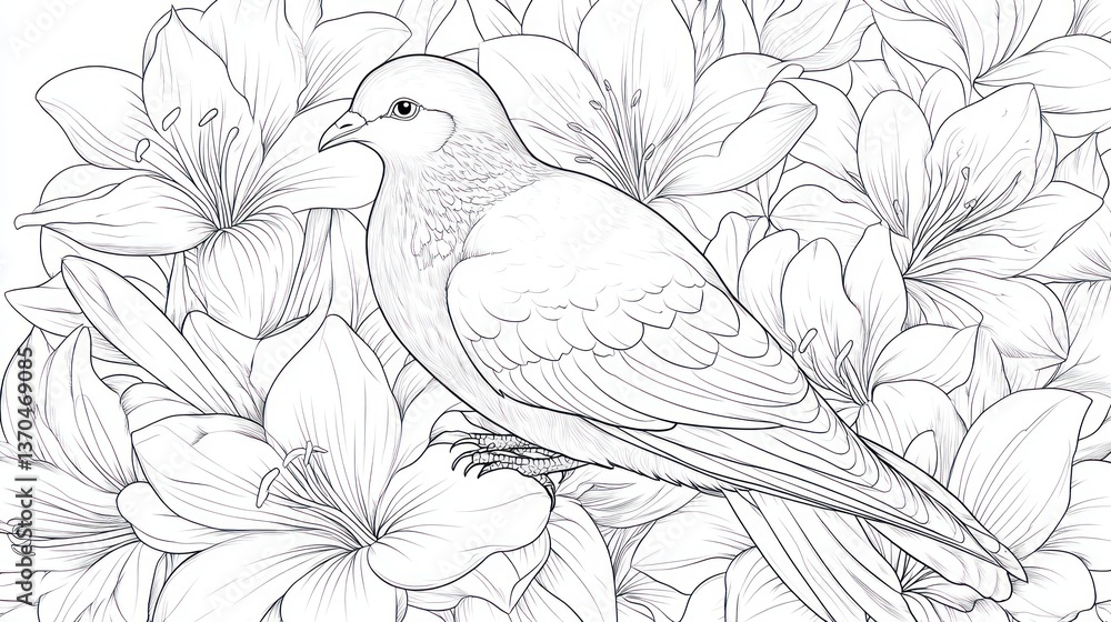 Decorative dove amidst floral design Decorative dove amidst floral design