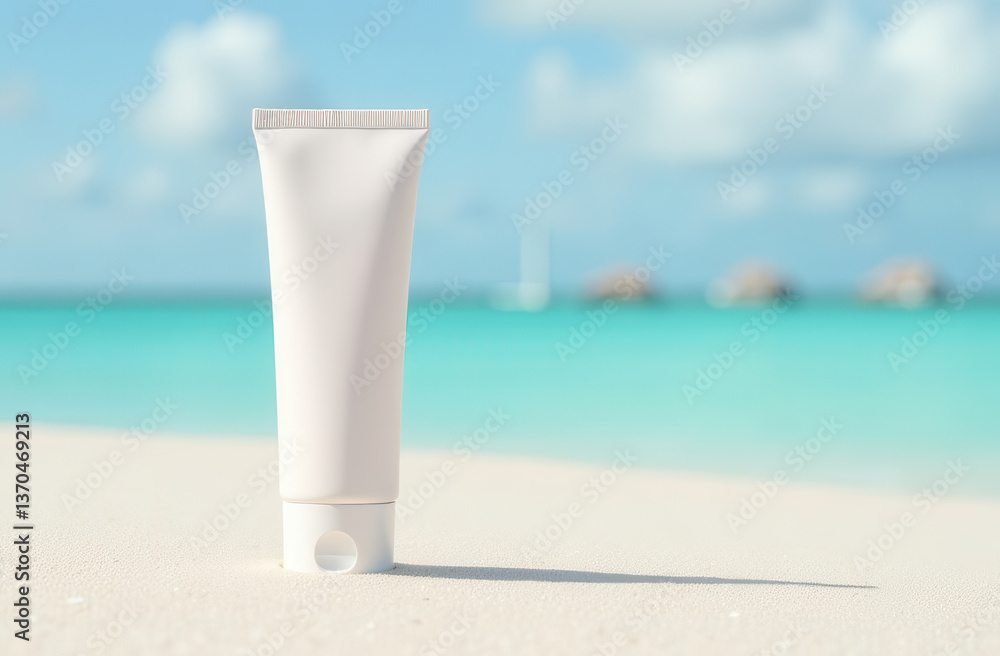A pristine beach with turquoise waters and fluffy clouds provides the perfect backdrop for a tube of sunscreen resting on soft white sand ready for a fun day outdoors. A pristine beach with turquoise waters and fluffy clouds provides the perfect backdrop for a tube of sunscreen resting on soft white sand ready for a fun day outdoors.