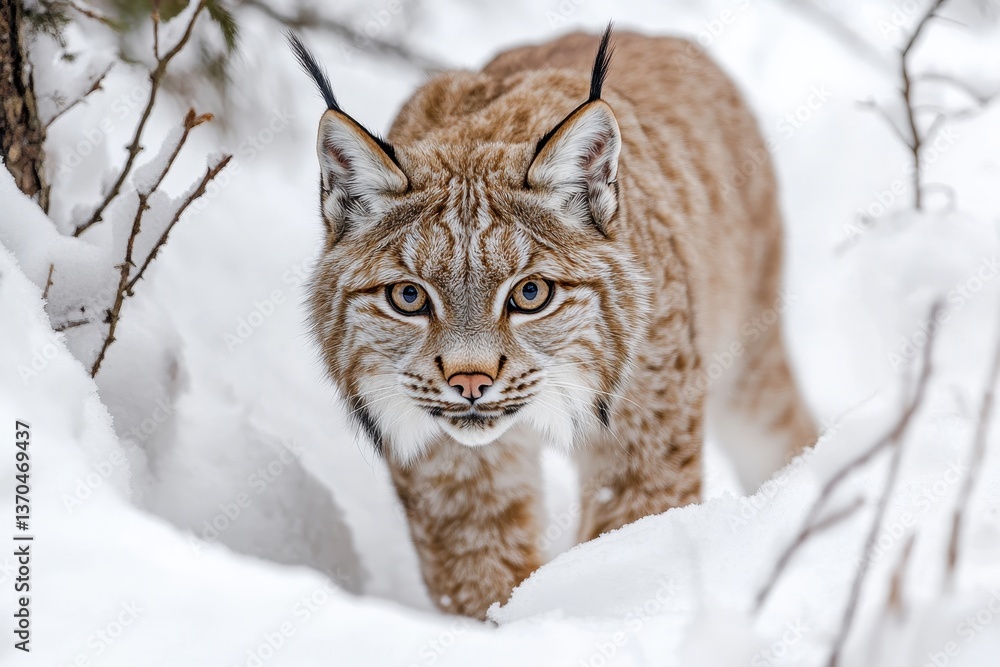 Obraz premium Lynx exploring a snowy forest in winter, showcasing its keen gaze and beautiful coat patterns