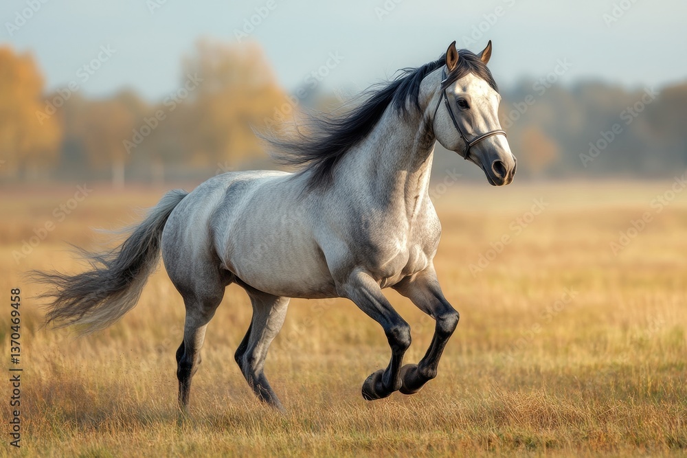 Majestic gray horse galloping across a golden meadow under a clear sky in autumn Majestic gray horse galloping across a golden meadow under a clear sky in autumn