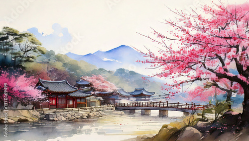 Ink and color painting background with Korean temple