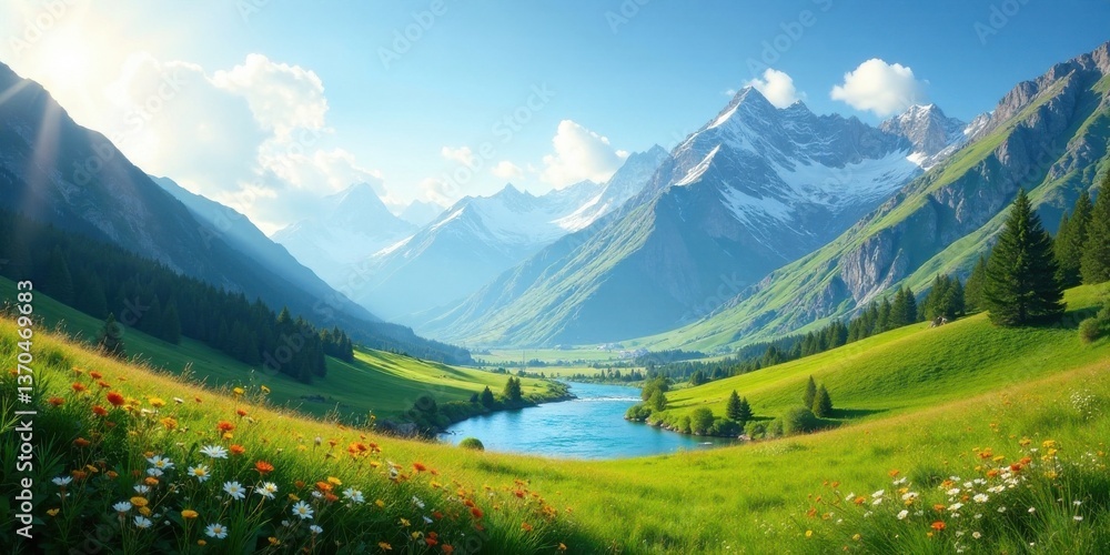 Obraz premium Serene Mountain Valley Landscape with a Winding River and Vibrant Wildflowers in Bloom