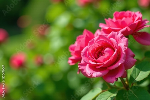Vibrant pink rose blossoms in a lush green garden, showcasing delicate petals and soft sunlight