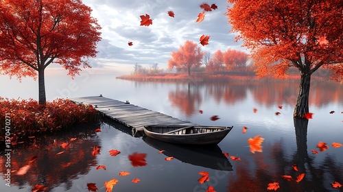 Fototapeta Naklejka Na Ścianę i Meble -  A serene autumn lake with trees in fiery red and orange reflected on its calm surface. A small wooden dock extends into the water, and a rowboat gently floats nearby, surrounded by falling leaves. 