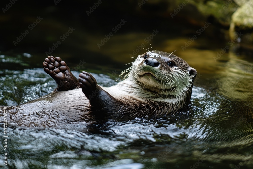 Playful otter enjoys a swim in a tranquil stream surrounded by lush greenery during a sunny day