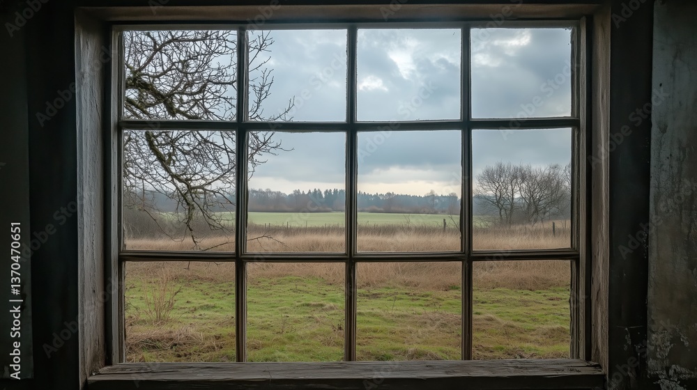 Naklejka premium Through the window, a lone tree stands in a quiet field beneath a cloudy sky, the muted tones creating a somber mood.