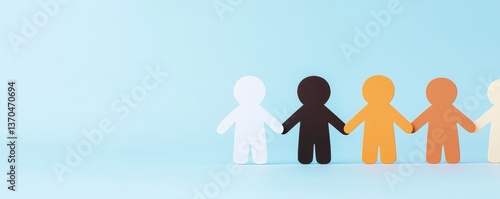 A line of colorful paper cut-out figures holding hands against a light blue background, symbolizing unity and diversity.