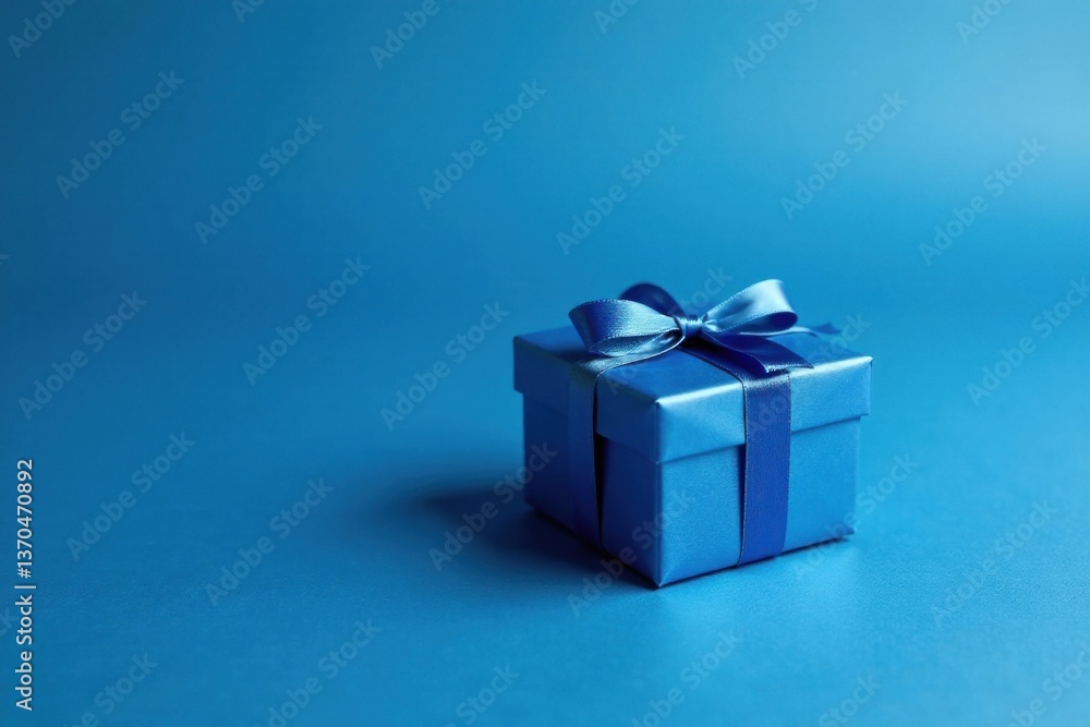 A Single Blue Gift Box with a Satin Bow on a Blue Background A Single Blue Gift Box with a Satin Bow on a Blue Background