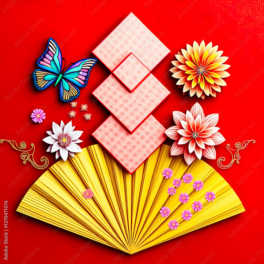 Obraz premium yellow hand fan with pink and flowers and blue butterfly on red background