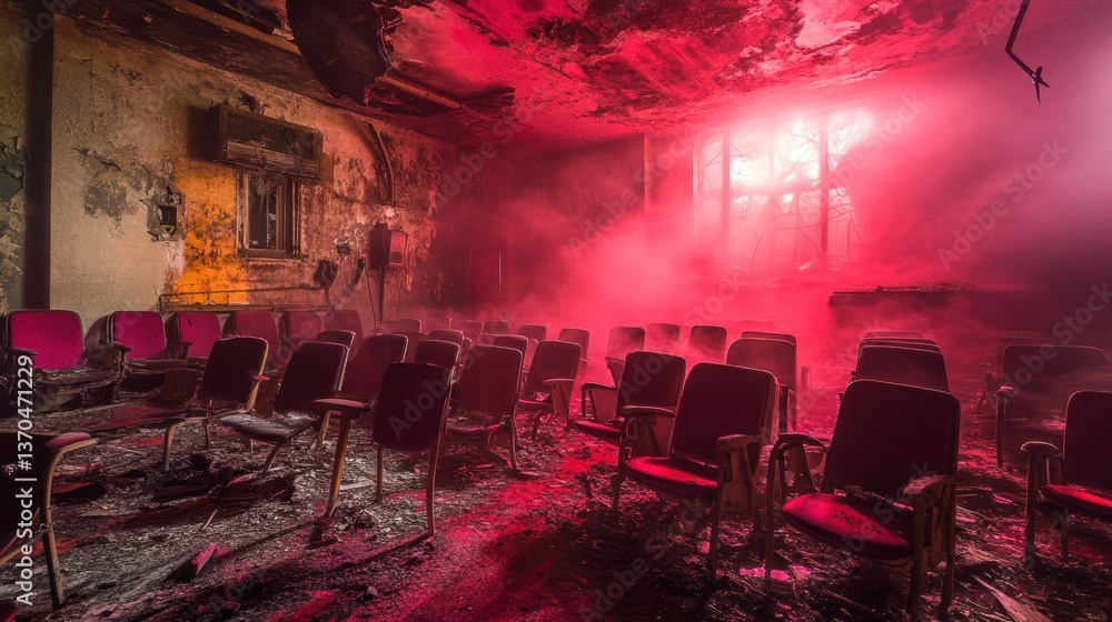 An abandoned theater room filled with ominous red smoke An abandoned theater room filled with ominous red smoke