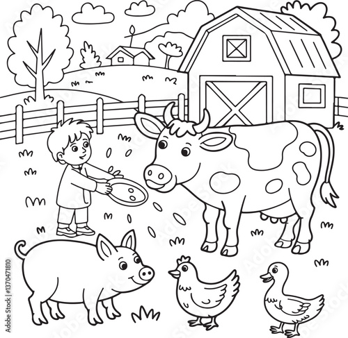 Boy feeding farm animals, coloring book