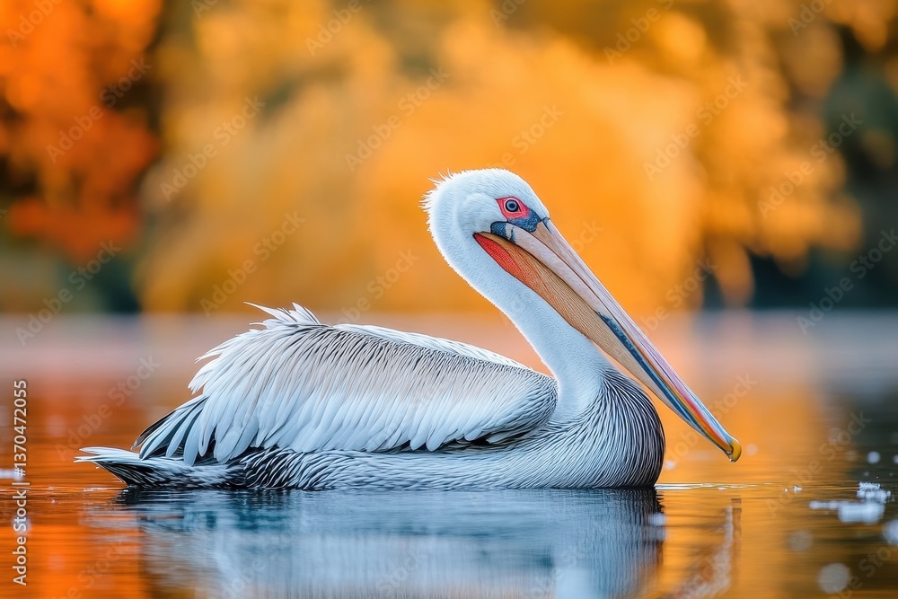 Pelican swims gracefully on a serene lake surrounded by autumn foliage in golden hues