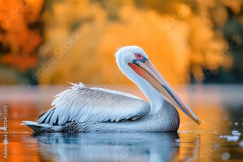 Obraz na płótnie Pelican swims gracefully on a serene lake surrounded by autumn foliage in golden hues w salonie