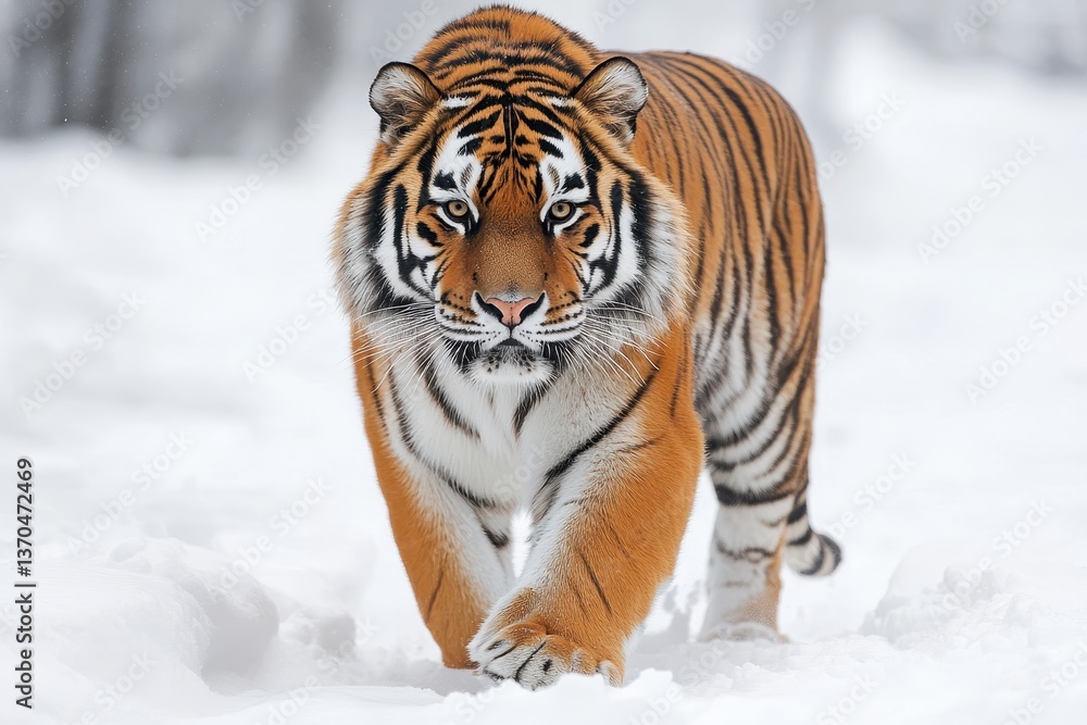 Tiger walks gracefully through snowy landscape in a serene winter setting