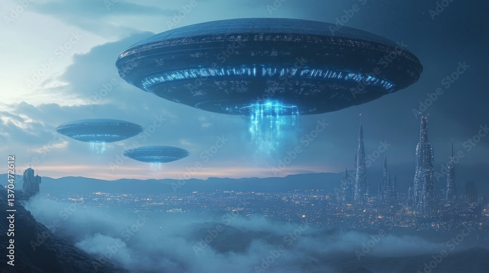 Alien Encounter Over Futuristic Cityscape Alien Encounter Over Futuristic Cityscape