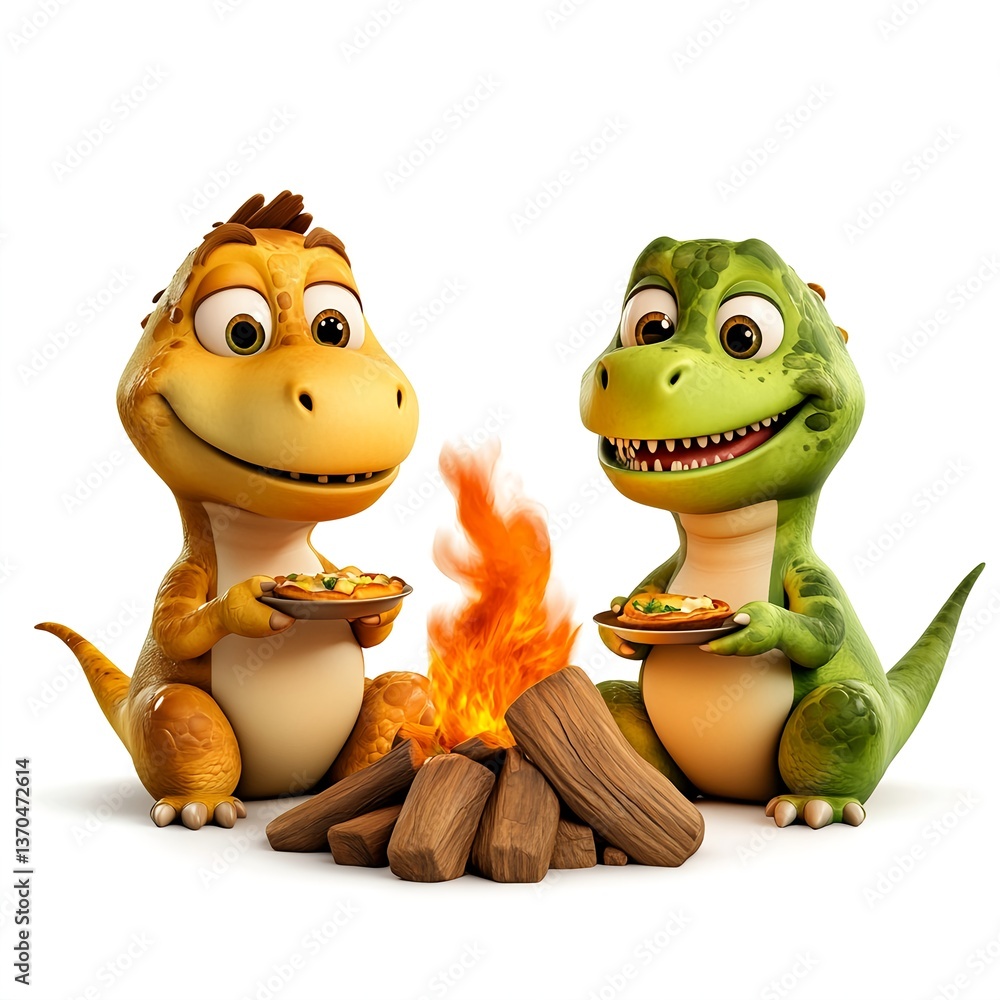 Cartoon Dinosaurs Enjoying Campfire Meal Cartoon Dinosaurs Enjoying Campfire Meal