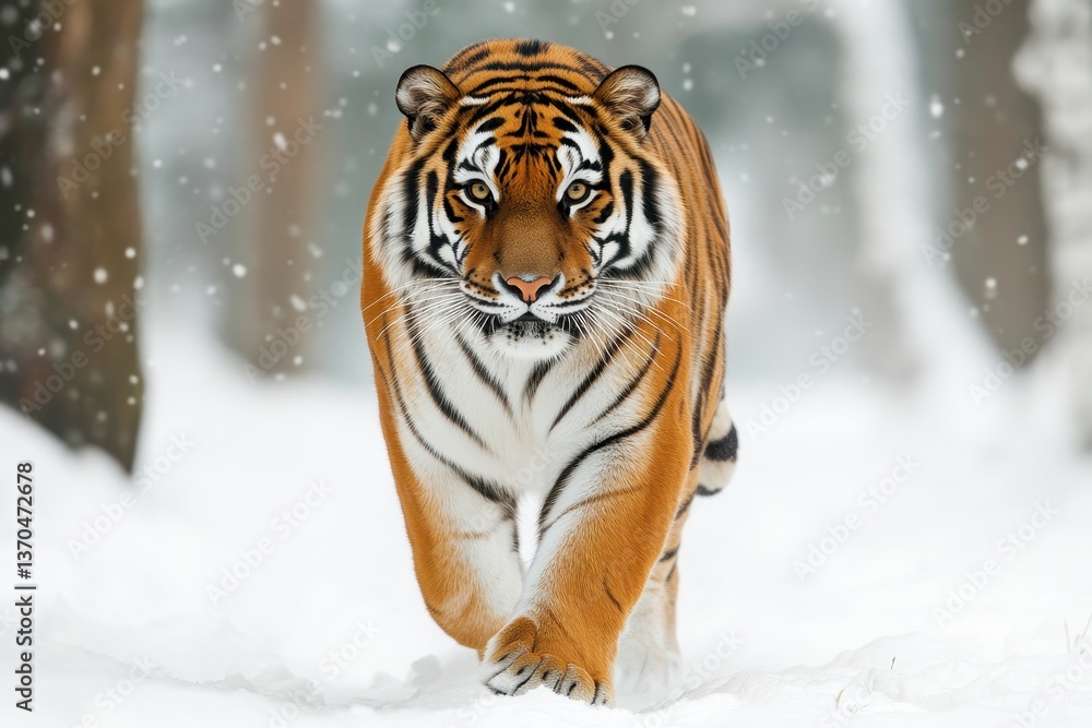Majestic tiger walking through snow-covered forest in winter
