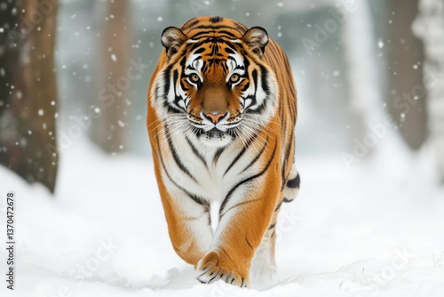 Obraz na płótnie Majestic tiger walking through snow-covered forest in winter w salonie
