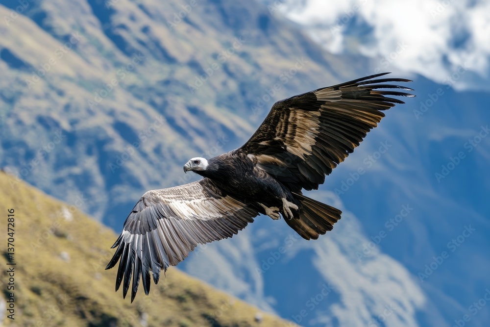 Majestic Andean condor soaring over the dramatic mountains of South America during clear daylight hours